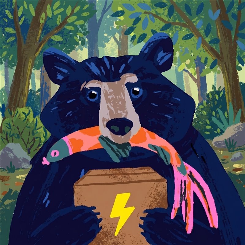 voli, a dark-navy bear in a green forest holding a parcel with a yellow lightning bolt